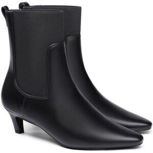 Women's Black Pu Ankle Low Kitten Heel Pointed Toe Slip On Dressy Winter Boots